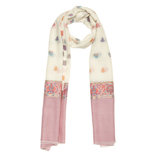 Ivory White and Pink Ethnic Weave Pure Wool Wrap