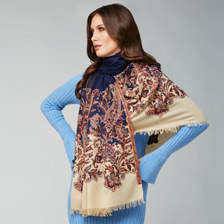 Blue and Cream Ethnic Weave Blended Wool Wrap