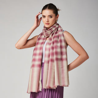 Purple and Cream Checkered Fine Wool Wrap