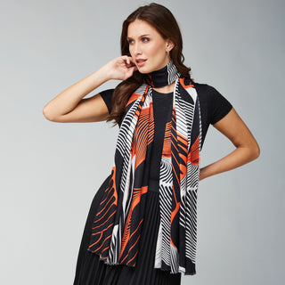 Lightweight Modal Silk Print Scarf with Bird Wing Inspiration, Black and Orange Digital Print Ultra-Soft Wrap Scarf