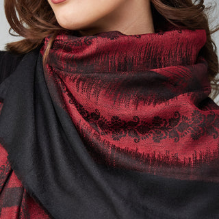 Red and Black Ethnic Ikkat Weave Wool Wrap for Women