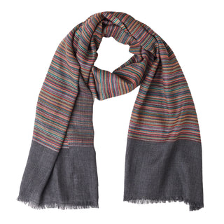 Vibrant Multicolor Stripes on Charcoal Grey Pure Wool Wrap