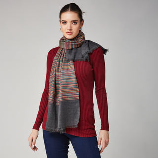 Vibrant Multicolor Stripes on Charcoal Grey Pure Wool Wrap