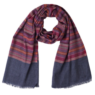 Vibrant Multicolor Stripes on Blue Pure Wool Wrap