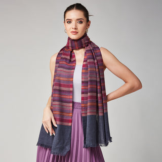 Vibrant Multicolor Stripes on Blue Pure Wool Wrap