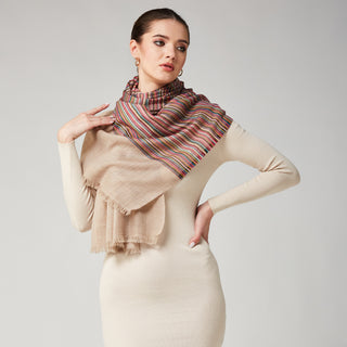 Vibrant Multicolor Stripes on Light Brown Pure Wool Wrap